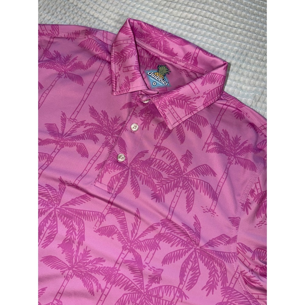 Chubbies Polo Shirt Mens Small Pink Palm Tree Print Performance Short Sleeve
